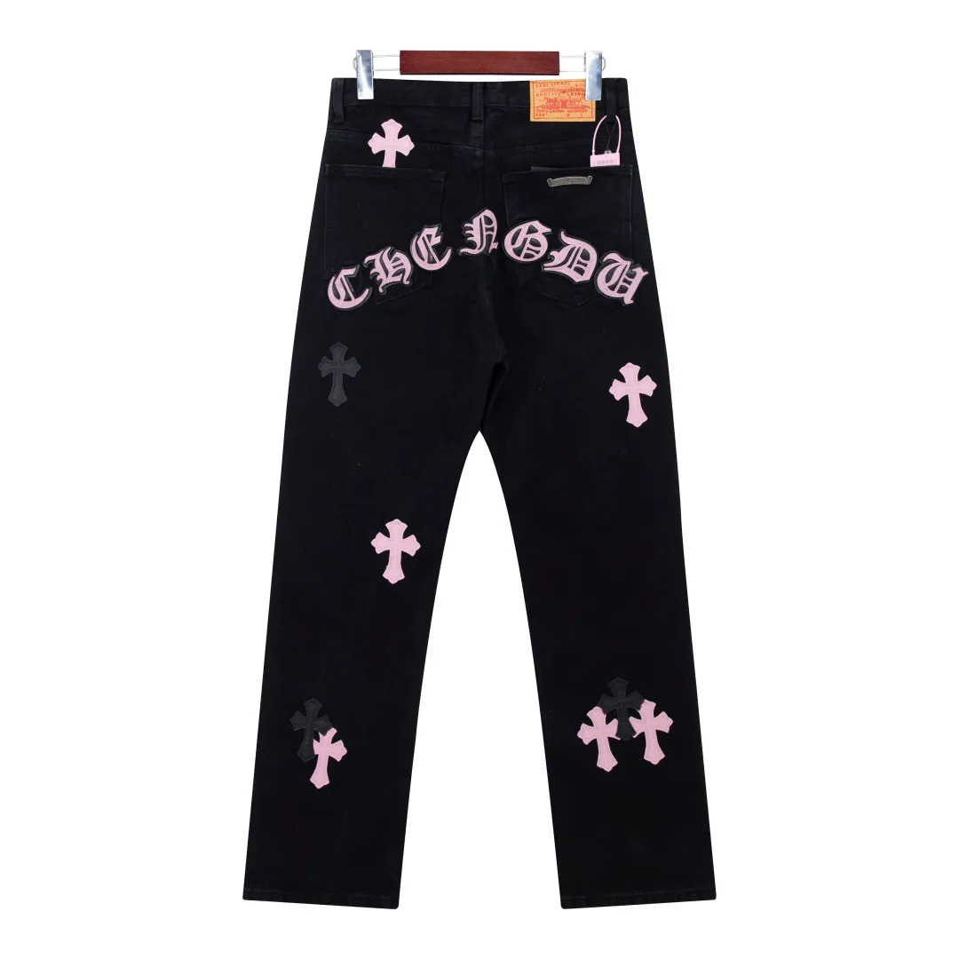 P260 [Next day] Chrome Hearts | CH city limited series Sanskrit cross patch leather jeans - black and pink color - "Hong Kong" limited edition jeans. The finished products need to be washed and then disassembled and hand-ordered. The sheepskin cross leather is then spliced ​​to complete. The whole piece requires too much craftsmanship to explain. The texture can be seen in your hand, and it looks good. The upper body effect is particularly stiff and stylish, super stylish. Same style for men and women - Color: black with blue, black with black, black with pink. Size: 28 30 32 34. Corresponding sizes s-xl. Available in stock in seconds. Detailed sizes can be found in picture 9.